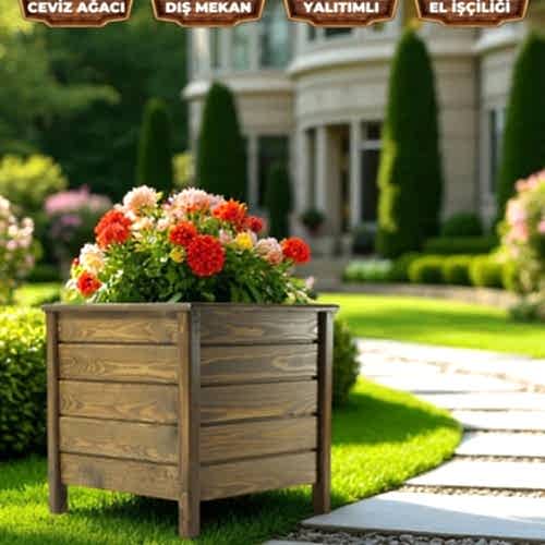 Ceviz Ahşap Saksı Dekoratif Bahçe Saksısı Dış Mekan Çiçeklik Kare Büyük Boy